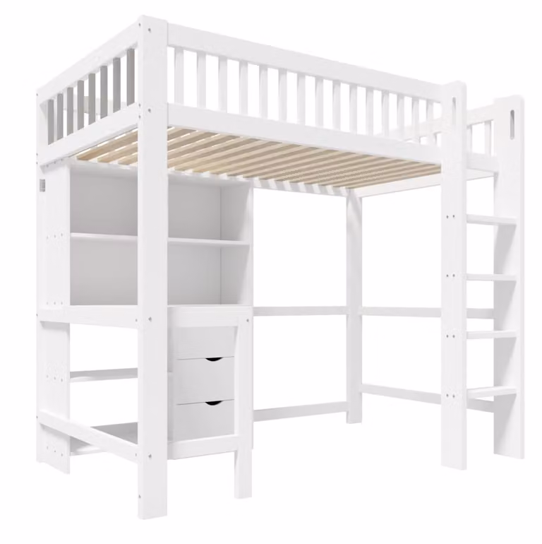 Cama alta REDOM de pino y MDF en blanco con escritorio, estantería y cajones para dormitorio infantil, An/P/Al: 90 x 200 x 205 cm