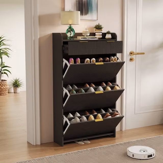 Zapatero de estilo escandinavo NAHILIMI en color negro mate con compartimento abierto, cajones y puertas abatibles con cierre suave