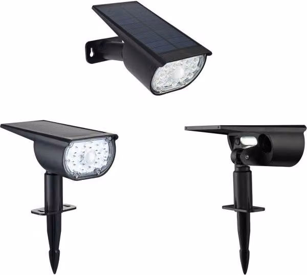 Foco solar para jardín Galix G2603 con detector de movimiento, doble iluminación LED de 300 lúmenes y opción de aplique, color blanco y negro