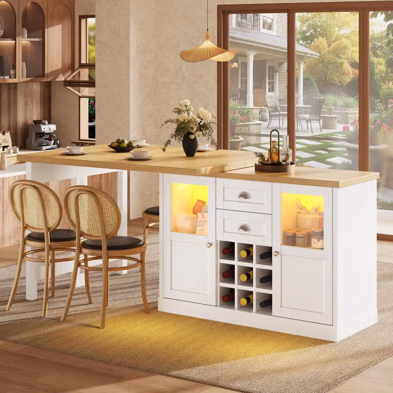 Mesa de comedor extensible MODFU en color blanco con tablero giratorio de 360 grados, iluminación LED, estante para vinos y espacio de almacenamiento, extensible de 120 cm a 197 cm