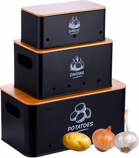 Set de 3 cajas metálicas para verduras de relaxdays con tapa en color negro para patatas, cebollas y ajos, apilables, An/P/Al: 19 x 33 x 15 cm, 15 x 25 x 13 cm y 11 x 22 x 9 cm