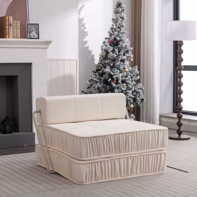 Sofá Cama Futón Plegable KELLANY en Blanco, Sillón Convertible de Tela con Relleno de Espuma para Salón, Dormitorio u Oficina