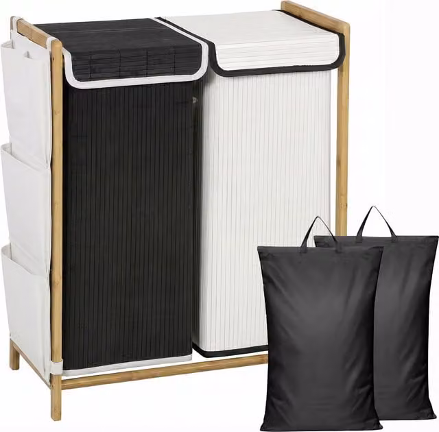 Cesto de ropa sucia con tapa HOMCOM de bambú con 2 compartimentos y bolsas con cordón en blanco y negro de 120 l