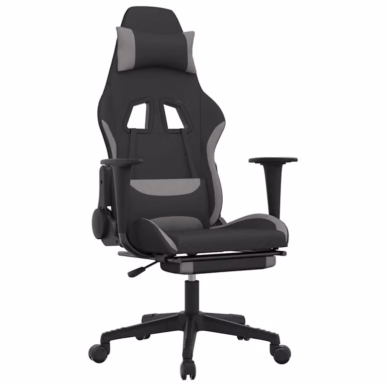 Silla gaming vidaXL con reposapiés, diseño deportivo en tela gris claro y negro con giro de 360 grados