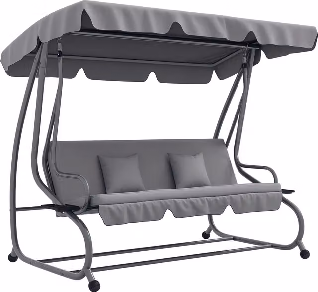 Columpio de jardín 2 en 1 reclinable con toldo y cojines, estructura de acero gris, An/P/Al: 200 x 120 x 164 cm