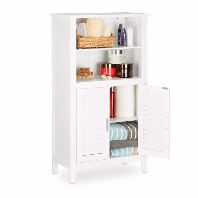 Armario de baño y pasillo Relaxdays Lamell en bambú y MDF blanco con puertas de lamas y estantes internos, An/P/Al: 92 x 50 x 25,5 cm