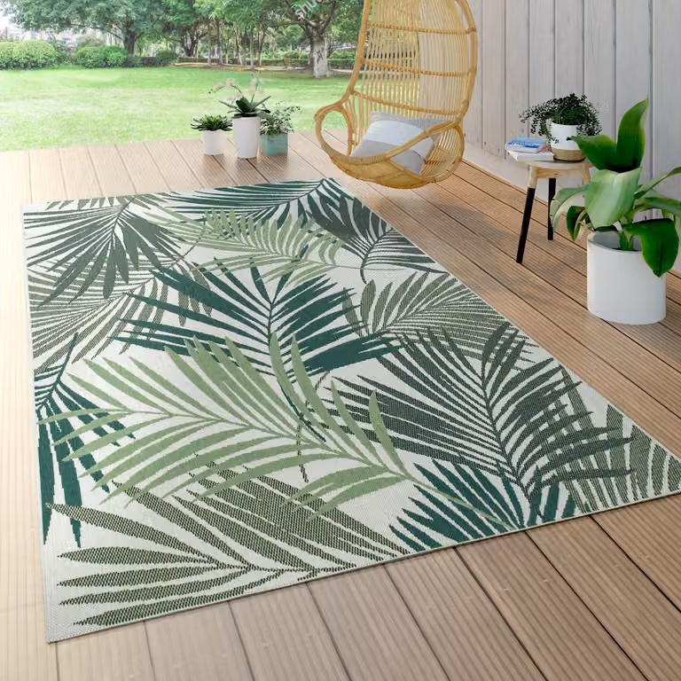 Alfombra Paco Home para interior y exterior con diseño floral de palmeras en color verde, An/P: 80 x 250 cm