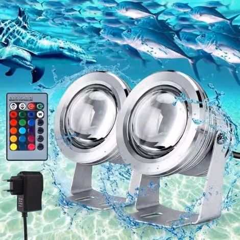 Luz Led Subacuática RGB Ulisem de 10 W con Lente Convexa Plateada y Control Remoto para Jardín
