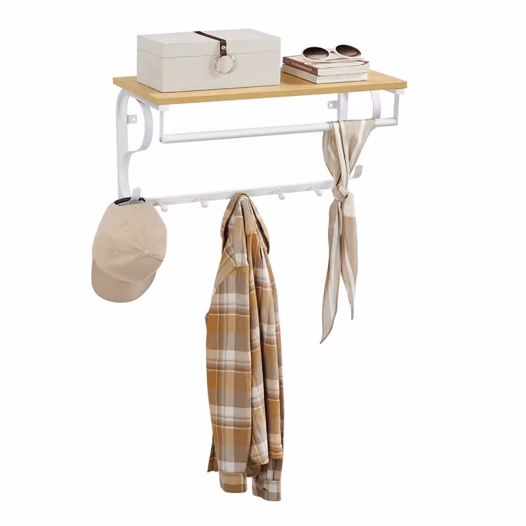 Perchero de pared VASAGLE de estilo industrial con estante y ganchos, color blanco y marrón, Ancho: 60 cm
