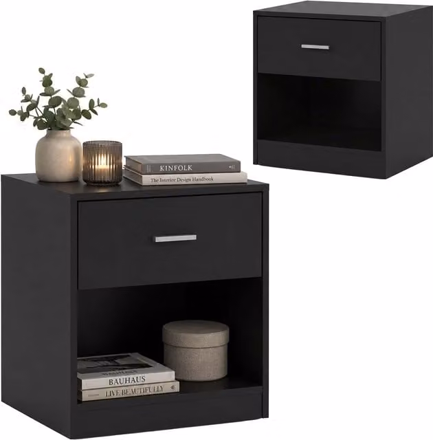 Set de 2 mesitas de noche Relaxdays en color negro con compartimentos, An/P/Al: 41 x 39 x 28 cm