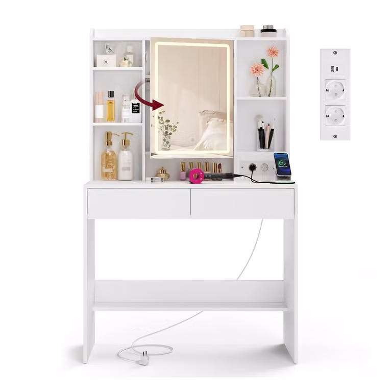VASAGLE Tocador Hollywood con Luces LED y Espejo, Blanco