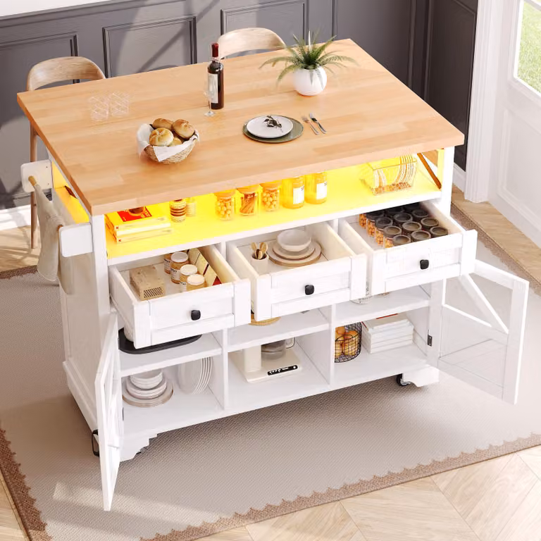 Carrito de cocina móvil STILVORA blanco con mesa plegable, luces LED controladas por aplicación, 3 cajones y 2 puertas