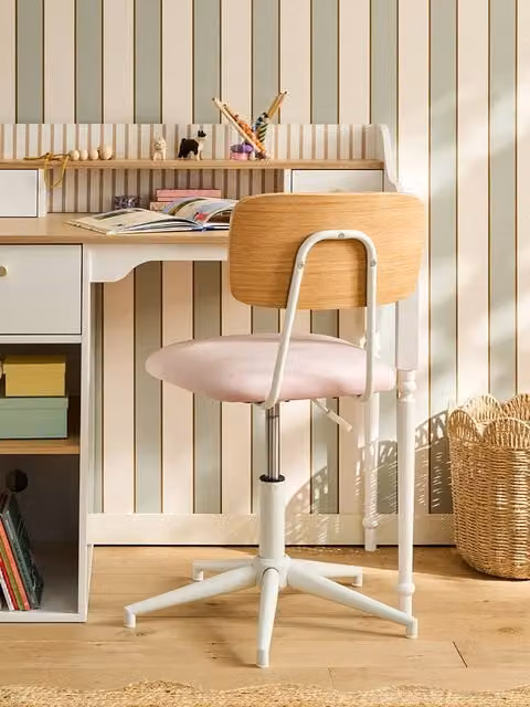 Silla de escritorio giratoria para niños Vertbaudet en terciopelo rosa con estructura de metal y madera