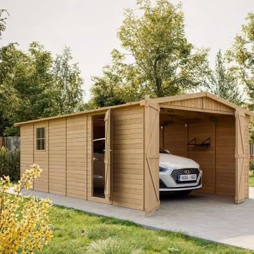Garaje de madera TIMBELA M102 con ventanas y cerradura, construcción de paneles en madera natural, An/P/Al: 616 x 222 x 324 cm