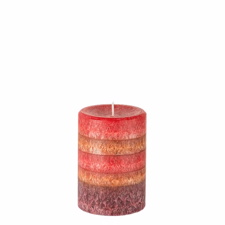 Vela aromática cilíndrica Sia Deco roja con aroma amaderado y diseño de rayas, An: 7 cm, Al: 10 cm