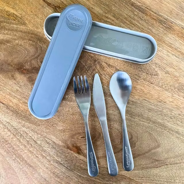 Set de cubiertos portátiles Maped de acero inoxidable con estuche gris para adultos