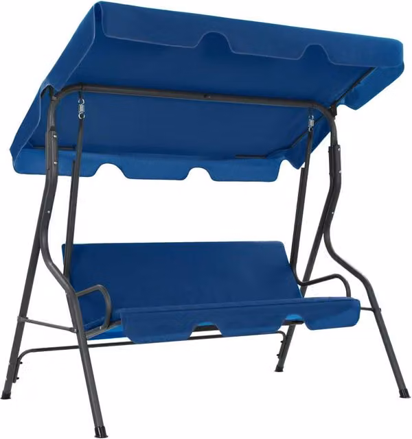 Banco columpio de jardín Vidaxl con toldo en azul con estructura de acero y tela resistente a los rayos UV, An/P/Al: 170 x 110 x 153 cm