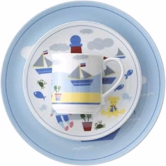Vajilla infantil de porcelana Pontesa con diseño de barcos en color azul, set de 4 piezas