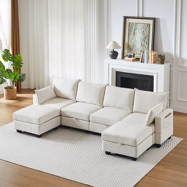 Sofá Modular de Chenilla KELLANY en forma de U con Otomana de Almacenamiento, 6 Plazas, Reversible y con Función de Cama para tu Sala de Estar en Beige o Blanco