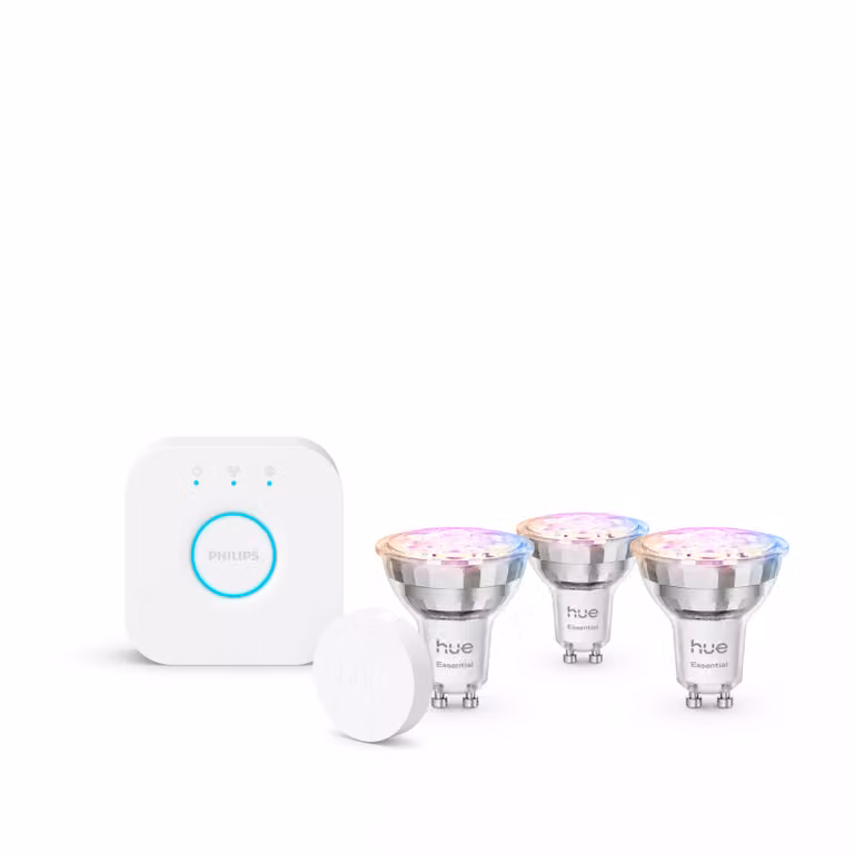Philips Hue White & Color Ambiance Starter Kit Essential: Kit de 3 Bombillas Inteligentes LED GU10 RGB y Botón Inteligente con Bridge Gateway