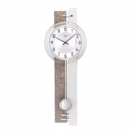 Reloj de pared AMS 7440 de cuarzo con péndulo, acabado plateado y gris con apariencia de piedra natural y cristal
