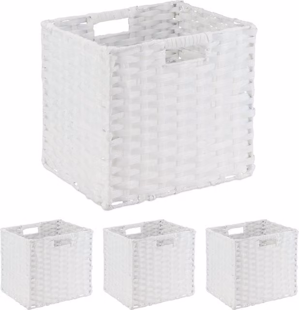 Set de 4 cestas de almacenaje plegables Relaxdays con diseño trenzado y asas, color blanco, An/P/Al: 31 x 32 x 30 cm