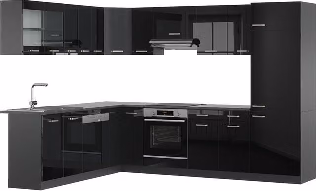 Cocina esquinera Vicco R-Line en negro brillo intenso y antracita An/P/Al: 287 x 227 cm