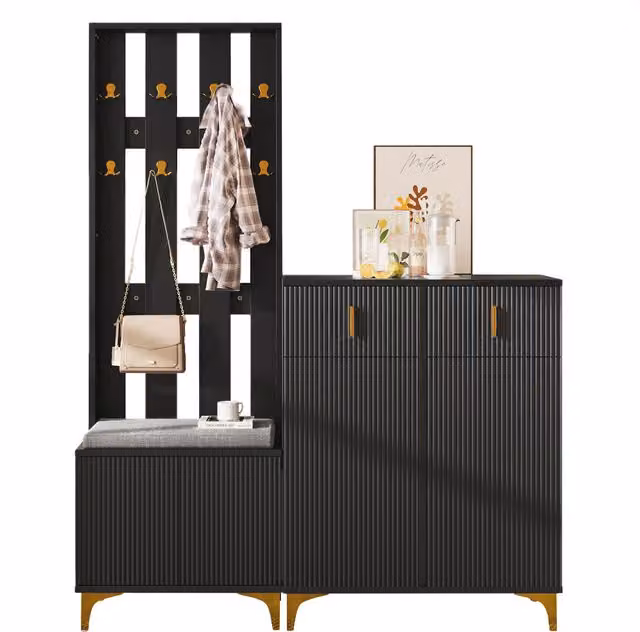 Mueble de entrada Stilvora con banco zapatero, 2 cajones, 2 puertas y perchero de pared con 6 ganchos, color negro y dorado