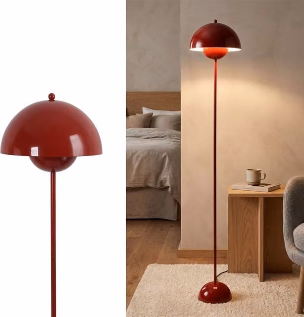 Lámpara de pie estilo seta de metal rojo burdeos ALPINALUZ para salón o dormitorio, Altura: 157.5 cm, Ancho: 40 cm, Profundidad: 30 cm
