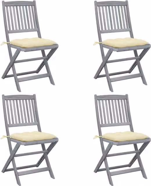 Set de 4 sillas de jardín plegables SYFAX de madera de acacia con cojines de poliéster en gris y blanco