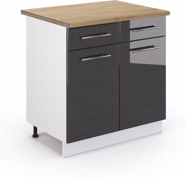 Mueble bajo de cocina Vicco Fame-Line en acabado alto brillo antracita y roble, An: 80 cm, Al: 82 cm, P: 60 cm