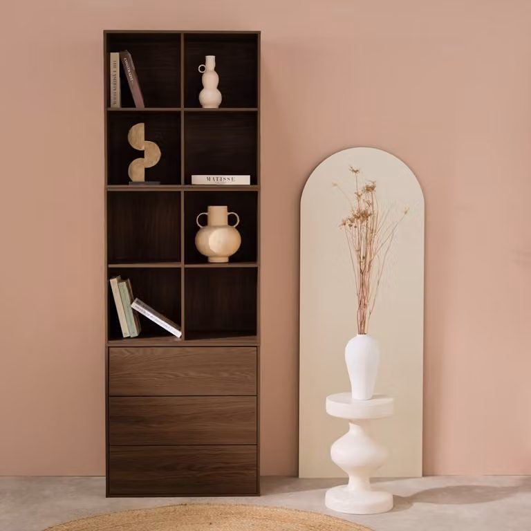Estantería modular SWEEEK con 8 nichos y 3 cajones en color nogal, An/P/Al: 70 x 35 x 210 cm