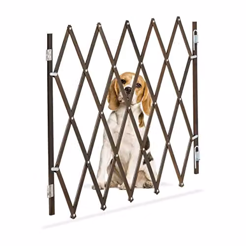 Barrera de seguridad para perros Relaxdays extensible y plegable de bambú y metal, marrón, Altura: 82,5 cm, Ancho: hasta 118 cm