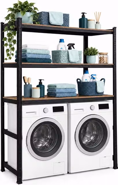 Estantería para lavadora relaxdays con 3 baldas ajustables de acero y MDF, color negro y marrón, An/P/Al: 120 x 40 x 180 cm