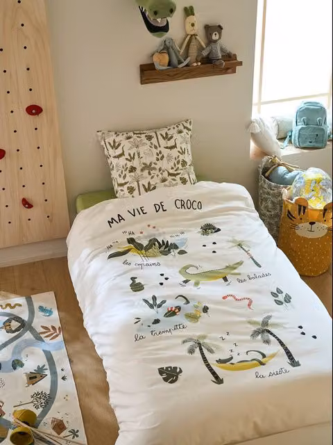 Conjunto de funda nórdica y funda de almohada infantil TREK de Vertbaudet, diseño de animales reversible, multicolor y blanco, 100% algodón