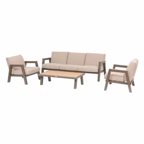 Conjunto de jardín Axiome Hesperide para 5 personas con sofá, sillones y mesa de centro en aluminio beige y marrón con cojines tapizados y fundas extraíbles