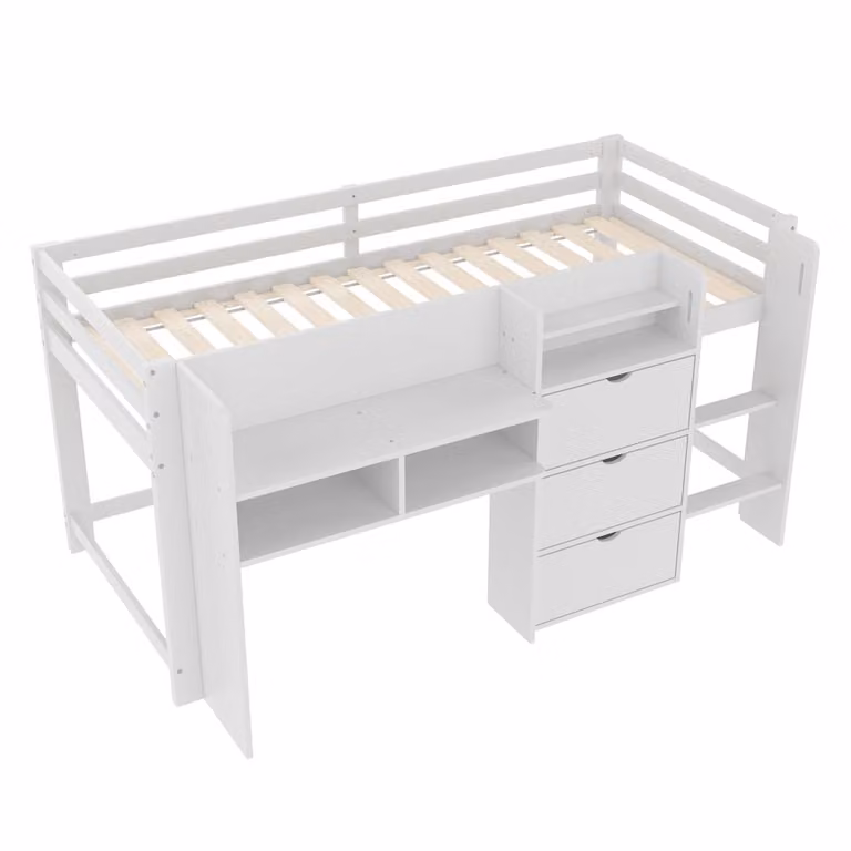 Cama casita ComfortXL de pino y MDF con zona de juego y almacenaje, color blanco, 90 x 200 cm