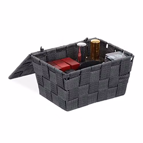 Cesta de almacenaje con tapa y efecto trenzado Relaxdays en gris, An/P/Al: 10,5 x 19,5 x 14,5 cm