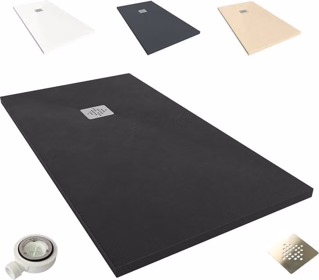 Plato de ducha rectangular Roma II NEBADOON en color negro, fabricado en mineral cast con superficie antideslizante, incluye válvula de desagüe y rejilla, An/P: 100 x 150 cm