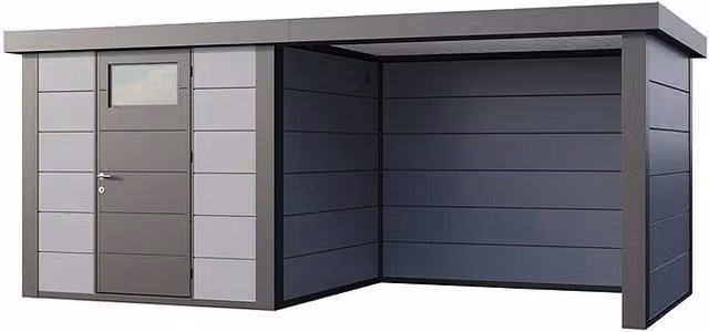 Caseta para jardín Classico de Novo Habitat en acero galvanizado con salón a la derecha, color gris claro y antracita, An/Pr: 542 x 258 cm
