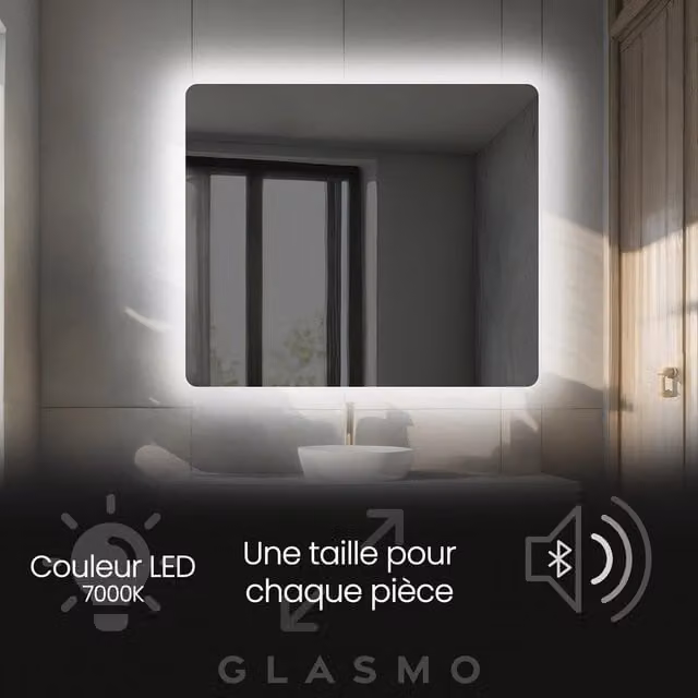 Espejo de baño LED rectangular Artforma con Bluetooth y luz blanco frío 7000K, An/Al: 90 x 80 cm