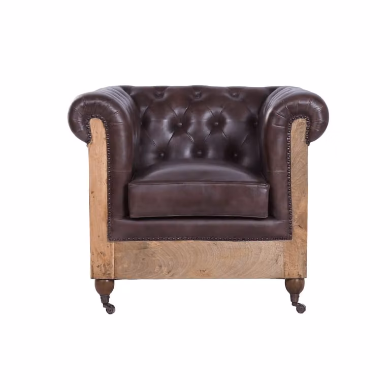 Sillón Chesterfield NIYLO de piel en color marrón con reposabrazos, An/P/Al: 84 x 77 x 79 cm
