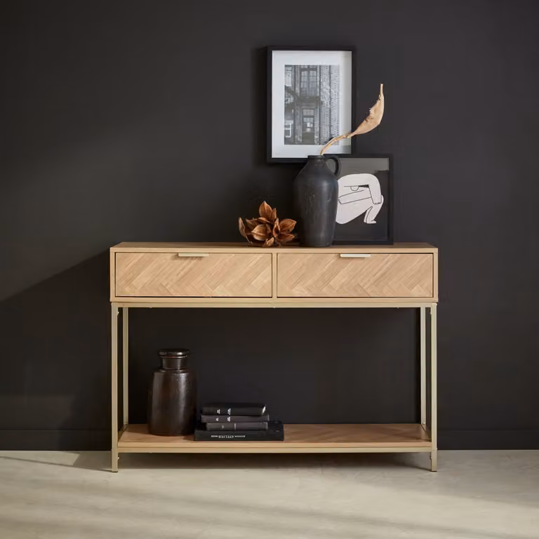 Consola Budapest de SWEEEK con efecto espiga y 2 cajones en color natural, An/P/Al: 110 x 35 x 75 cm