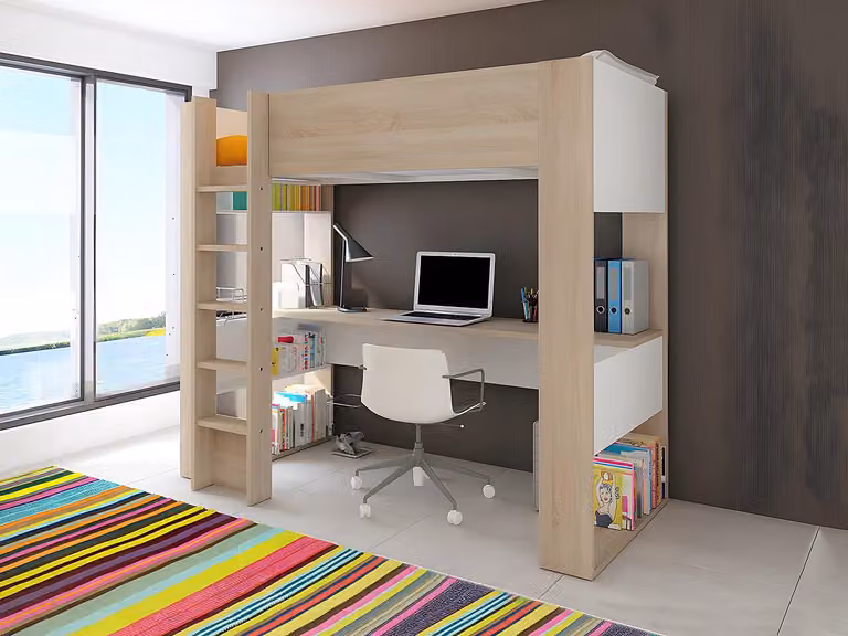 Cama alta para niños VENTE-UNIQUE con escalones, compartimentos laterales y estante, color roble, blanco y beige, 90 x 200 cm