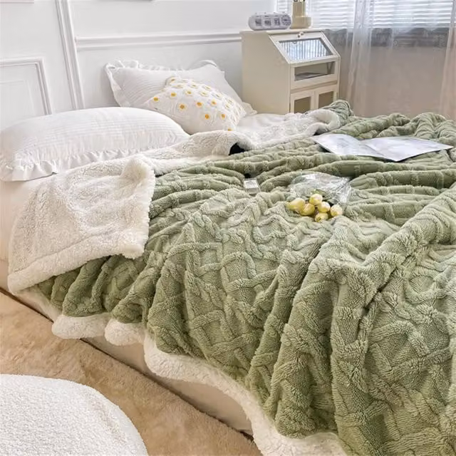 Manta de cama Elle Sherpa supersuave con diseño geométrico de rayas verdes y acabado de franela reversible para sofá y sillón