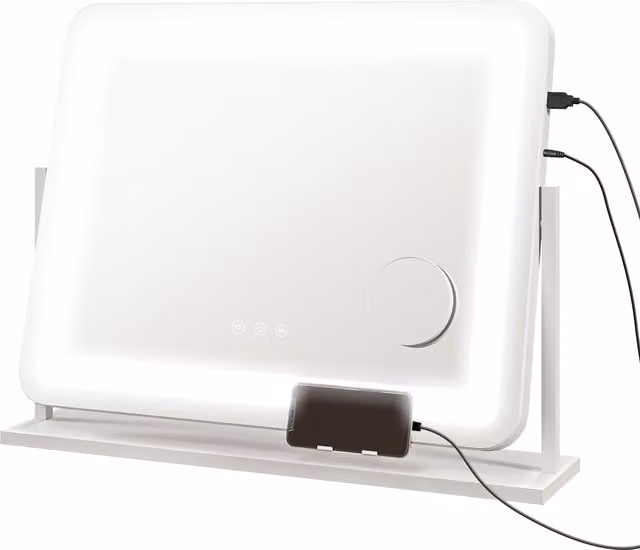 Espejo de Tocador Giratorio HOMCOM Blanco con Iluminación LED Ajustable y Conexión USB, An/P/Al: 58 x 46 cm