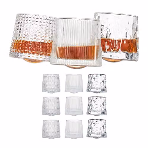 Set de 12 vasos de whisky de vidrio Relaxdays, diseño tumbler con 3 tallados diferentes, 150 ml, transparentes