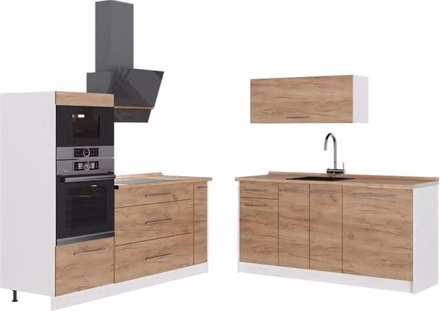 Cocina Vicco Fame-Line en Roble Dorado de 340 cm con acabado mate y puertas con cierre suave