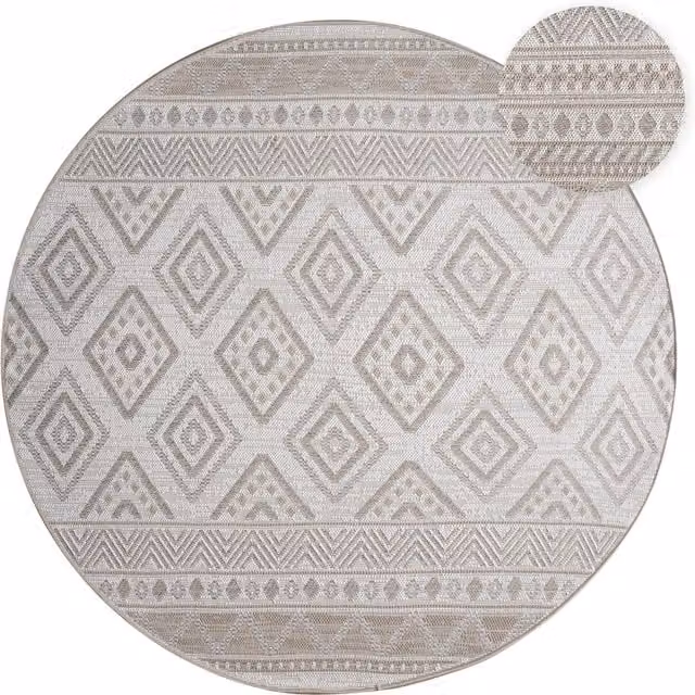 Alfombra Verona de diseño boho y diamantes para interior y exterior, color beige y marrón, Diámetro: 120 cm