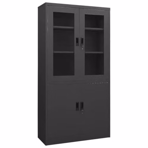Armario de oficina moderno Helloshop26 con puertas de cristal y estantes ajustables en acero antracita, An/P/Al: 90 x 40 x 180 cm